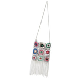 Maxbell Hand Crocheted Shoulder Bag Woven Tassel Bohemian for Beach Summer White