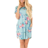 Maxbell Casual Floral Flare Dress Short Sleeve A line Loose Fit Pockets M Green