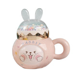 Maxbell Cute Rabbit Coffee Mugs with Lid and Handle Cartoon for Home Party Woman Man Pink