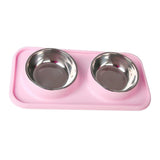 Max Stainless Steel Pet Cat Food Water Feeding Double Bowl with Plastic Mat Set Pink