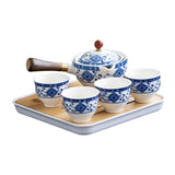 Maxbell Side Handle Tea Maker Ceramic Tea Dispenser Porcelain for Travel Outdoor light blue with cups