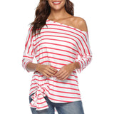 Maxbell Womens Casual Oblique Shoulder Cross Stripe T-shirt with Batwing Sleeve L Red