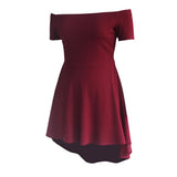 Maxbell Solid Off Shoulder Skater Dress High Low Dress Short Sleeves L Burgundy