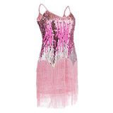 Maxbell Women's Strap Latin Dance Dress Sequin Tassel Rhythm Ballroom Skirt Pink
