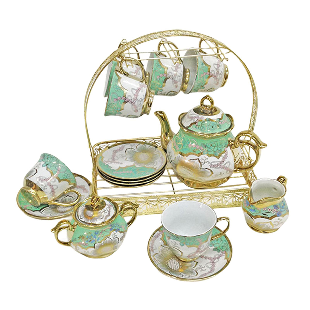 Maxbell Ceramic Cups and Saucers Set Floral for Afternoon tea Party Living Room Green