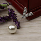 Maxbell Elegant Men Women Rhinestone Paved V Shaped Pearl Stick Collar Pins Silver