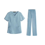Maxbell women Nurse Uniform Multi Pockets Soft Top Pants Set for Massaging L light blue