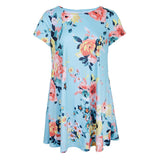 Maxbell Women's Summer Short Sleeve Round Neck Floral Dress with Pocket Blue M