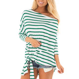 Maxbell Womens Casual Oblique Shoulder Cross Stripe T-shirt with Batwing Sleeve L Green