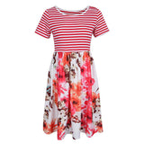 Maxbell Women's Striped Floral Print Short Sleeve Knee Length Dress with Pockets M 4#