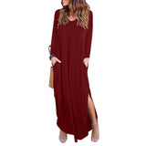 Maxbell Womens Casual V Neck  Long Sleeve Side Split Maxi Dress with Pocket Red L