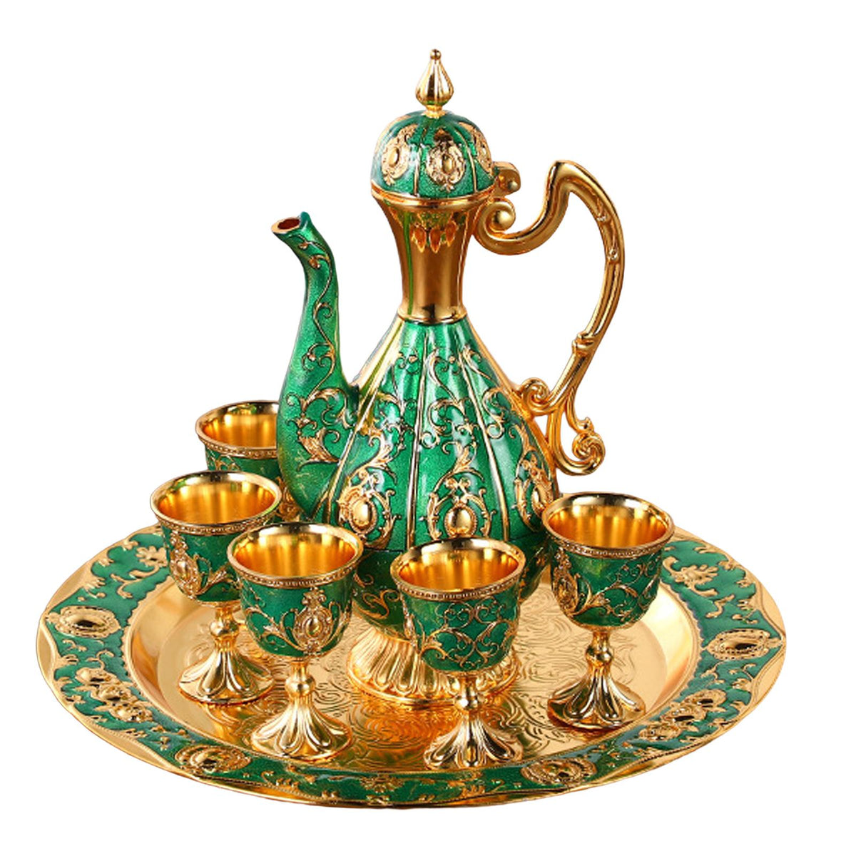 Maxbell Turkish Coffee Pot Set Drinkware Teapot Set for Dining Room Cabinet Table Aureate and Green
