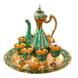 Maxbell Turkish Coffee Pot Set Drinkware Teapot Set for Dining Room Cabinet Table Aureate and Green