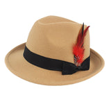 Maxbell Unisex Panama Jazz Hat Short Brim Feather Decorated Sunhat Fedora Hats Khaki