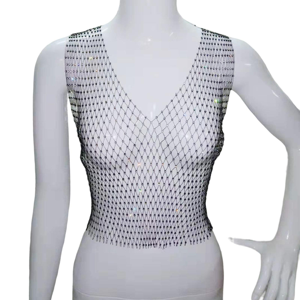 Maxbell Mesh Crop Sleeveless Hollow Out for Festival Rave Dance Summer Black V Neck