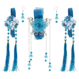 Maxbell 1 Set Ancient Chinese Hair Clip Tassel Ribbon Flower Drop Earring Lake Blue