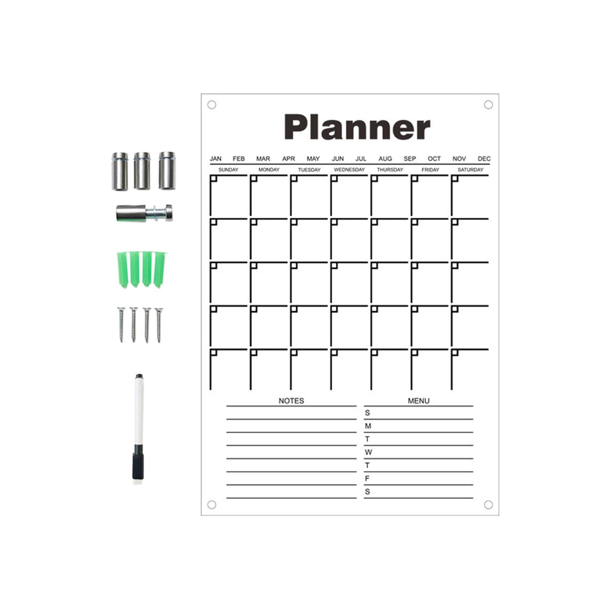 Maxbell Acrylic Calendar dry erasing Board with Marker Reusable for Meal Plan Kitchen Small