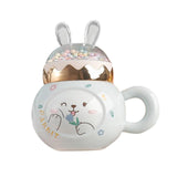 Maxbell Cute Rabbit Coffee Mugs with Lid and Handle Cartoon for Home Party Woman Man White