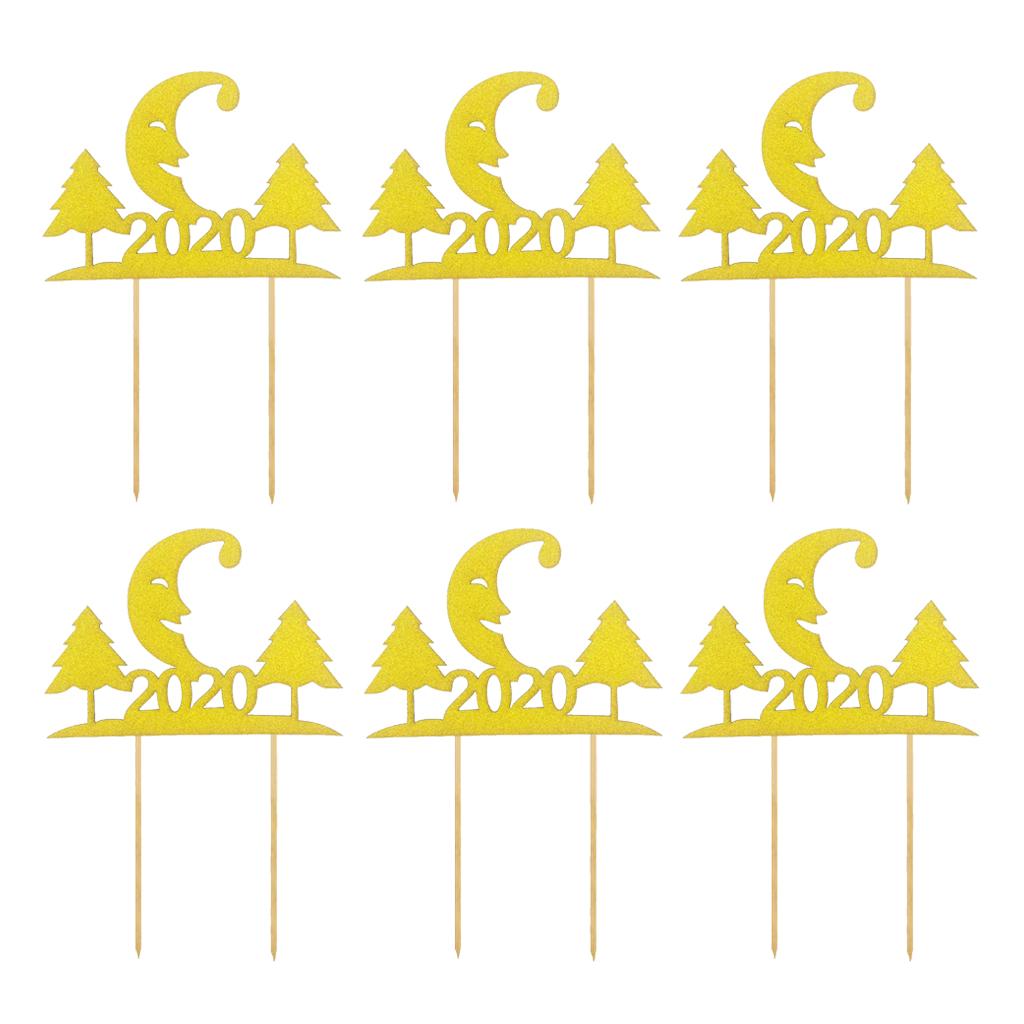 Max 6pcs Glitter 2020 Moon Tree Shape Cake Topper Christmas Party Decor Golden