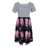 Maxbell Women's Striped Floral Print Short Sleeve Knee Length Dress with Pockets M 7#