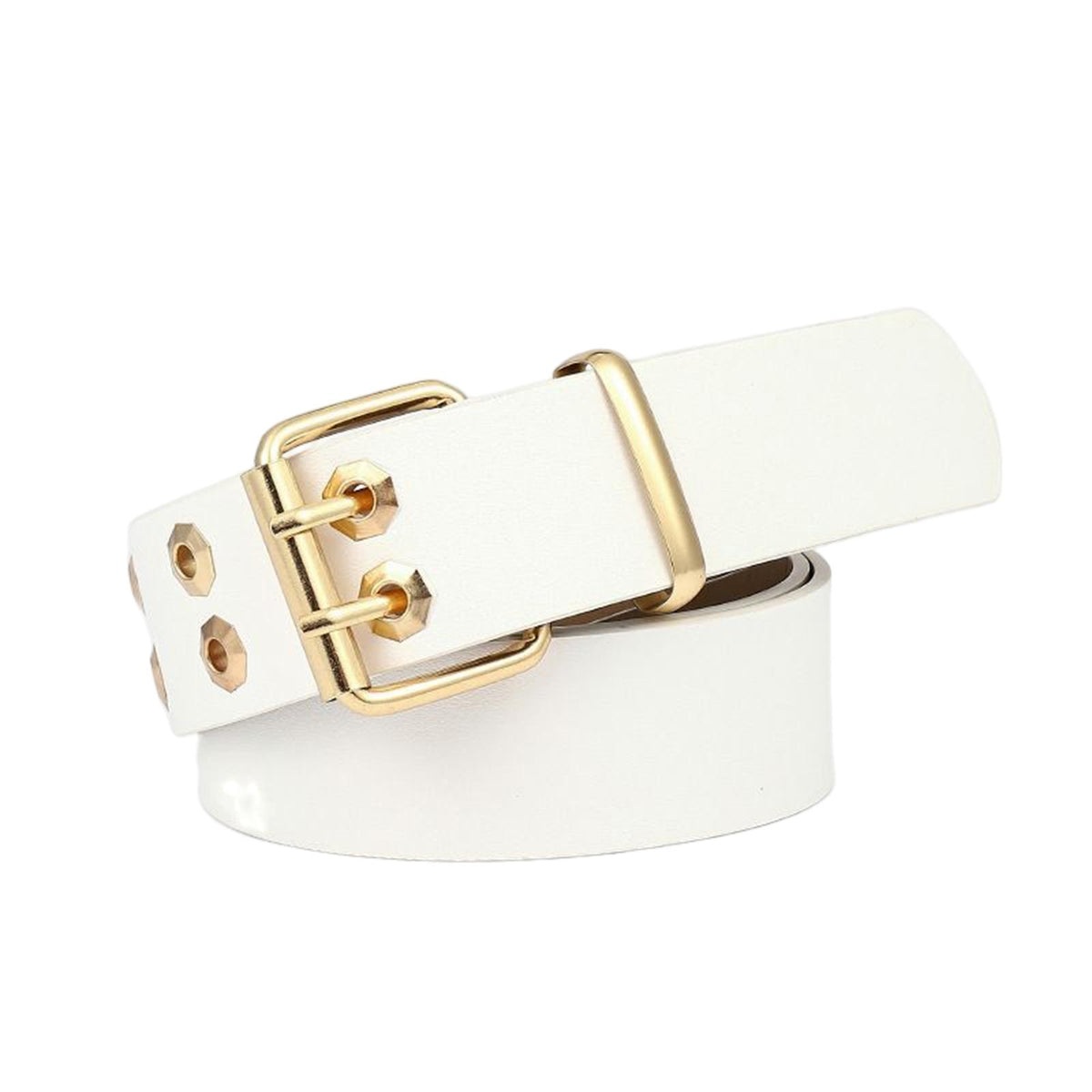 Maxbell Double Grommet Belt with Pin Buckle Leather Waist Strap Women Men Belt White