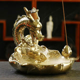 Max Dragon Incense Burners Smoke Backflow Cone Censer Stick Holder Bright Gold