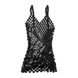 Maxbell Women Sequined Spaghetti Straps Dress Sequin Decorative Open Back for Club Black