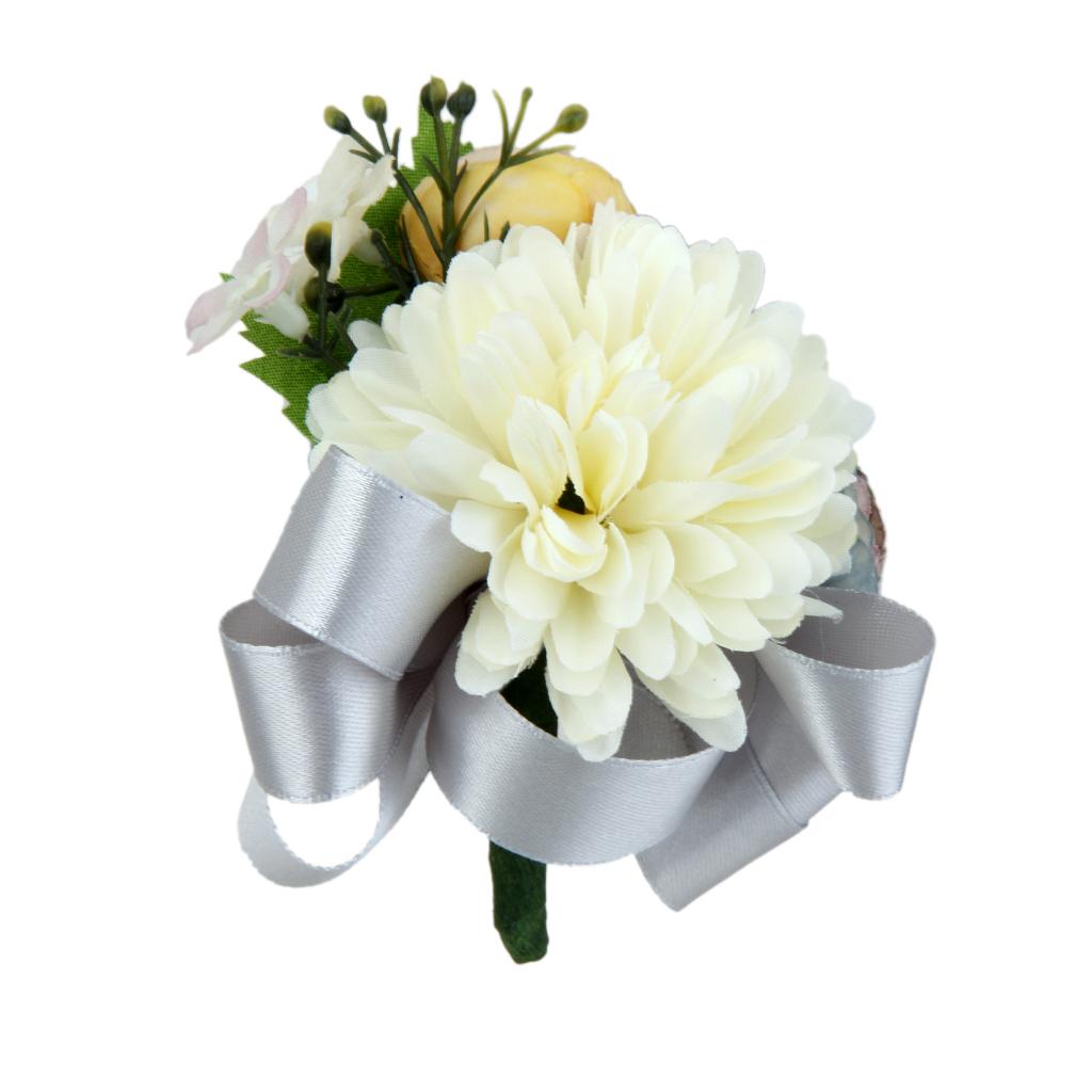 Maxbell Wedding Bridal Groom Men Tuxedo Boutonniere Corsage Flower Brooch Grey Satin