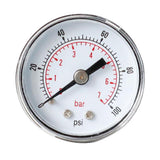 Max Pressure Gauge 40mm Dial Pneumatic 0-100 PSI 0-7 Bar Horizontal Back Mount