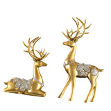 Maxbell 2Pcs Lover Deer Figurines Decors Reindeer Sculptures Xmas Elk Statues Gold