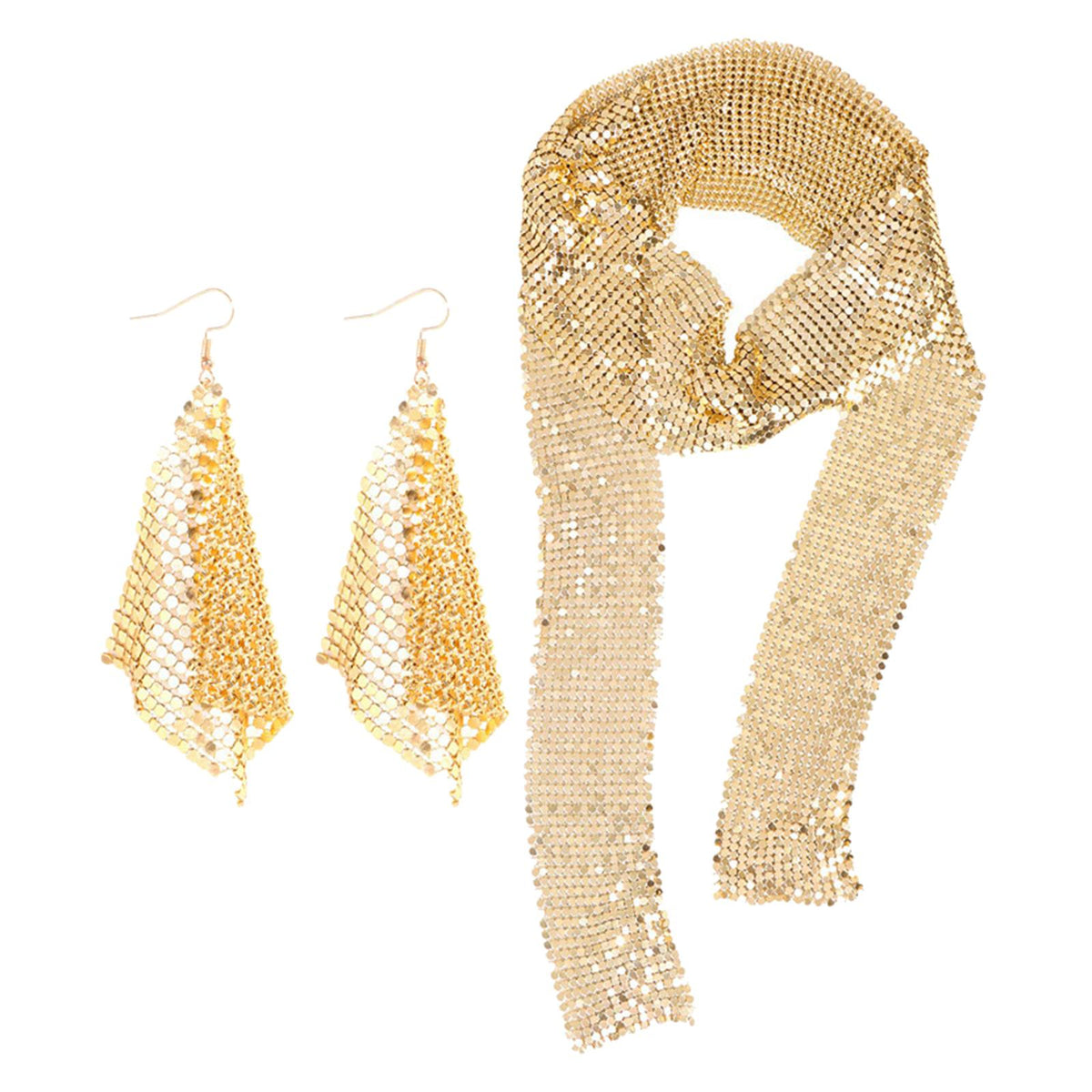 Maxbell Metal Sequins Neck Tie Scarf Long Tassels Dangle Earrings Bohemia for Girls Golden