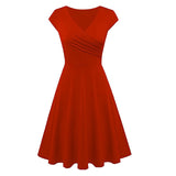 Max Women's Swing Casual High Waist  A Line Cap Sleeve V Neck Dress Red 2XL