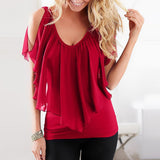 Maxbell Women's Cold Shoulder Ruffle Sleeve V Neck Chiffon T-Shirts Red M