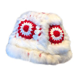 Maxbell Faux Plush Bucket Hat Furry Cute Fisherman Hat Plush for Teen Girls Red White