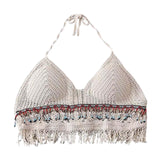 Maxbell Bohemia Crop Top Corset Vest Hollow Out Tank Camis Bralette for Women Rave 37cmx26cm Beige with Beads