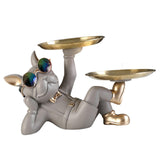 Maxbell Chic Resin French Bulldog Statue 2 Metal Trays with Glasses Home Decor Beige
