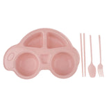 Maxbell 4Pcs Kids Cartoon car shape tableware Set wheat straw cutlery set pink