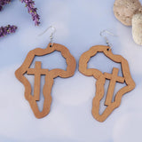 Maxbell Exaggerate Geometric African Map Cross Wooden Dangle Earrings Light Coffee
