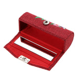 Max Makeup Lipstick Case Holder Lip Gloss Storage Mirror Embroidered Flax Wine Red