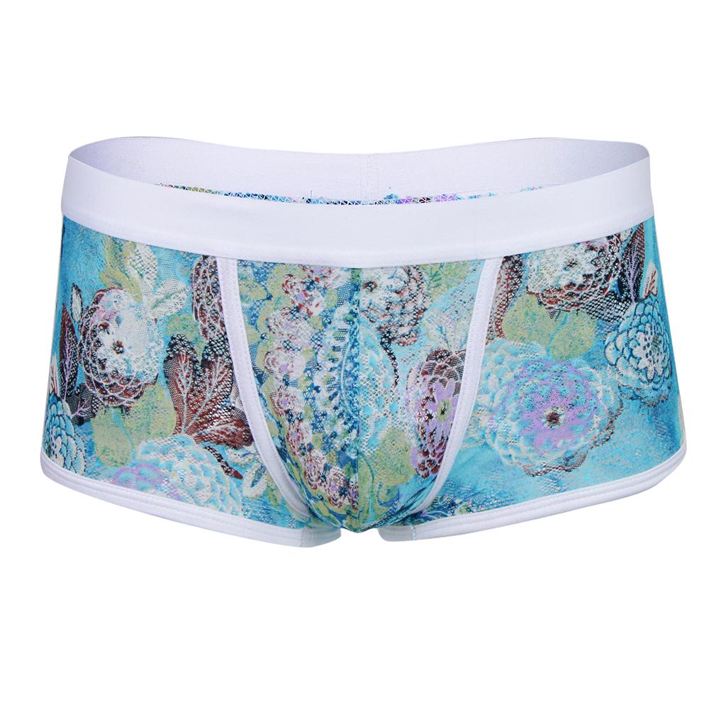Maxbell Men's Floral Print Sheer Lace Boxers Underwear Underpants L Lake blue