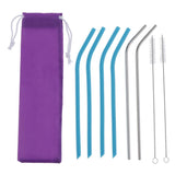 Maxbell Bent Drinking Straws Set of 4pcs Blue Silicone 2pcs Stainless and 2pcs Brush