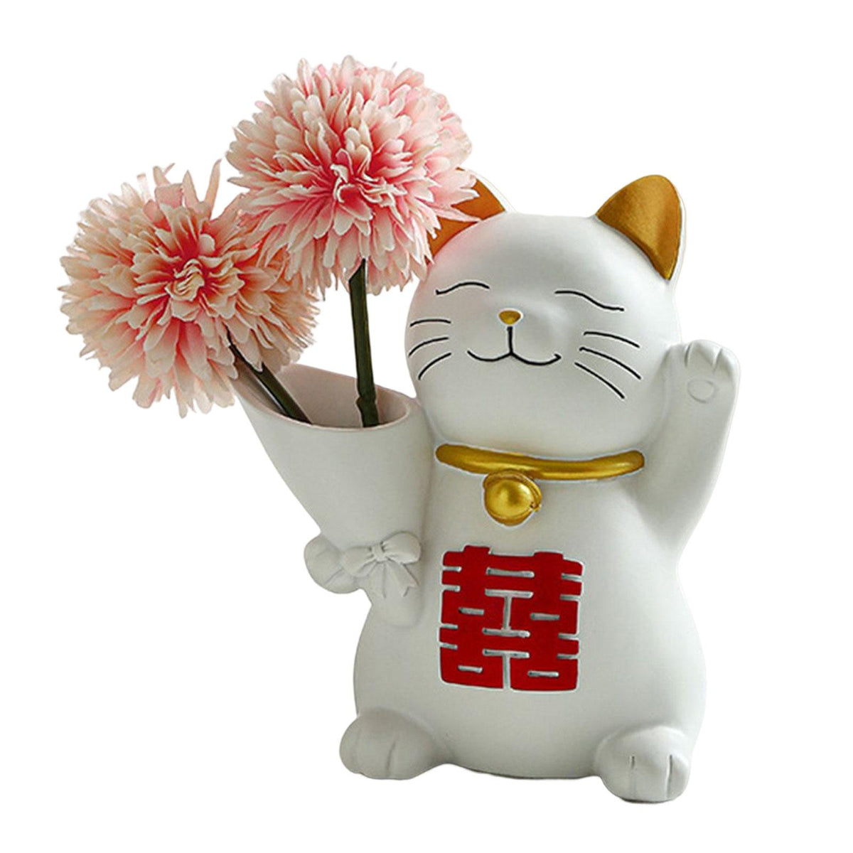 Maxbell Cat Holding Flower Statue Creative Vase for Home Decoration Pink Flower