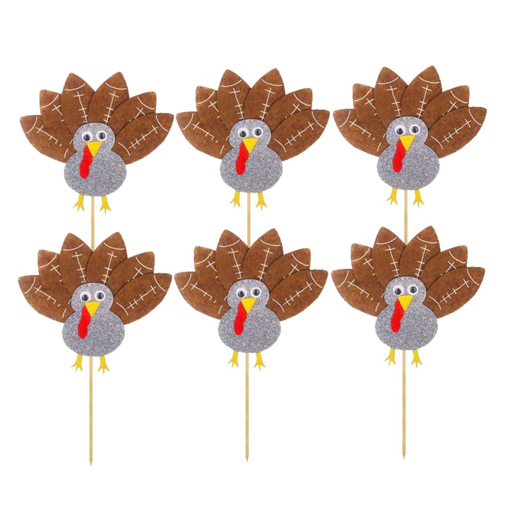 Max 6Pack Cute Turkey Cupcake Picks Topper Birthday Festival Cake Insert Silver