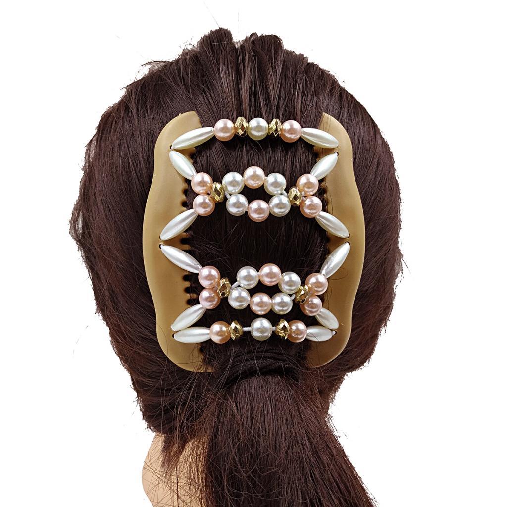 Maxbell Womens Beaded Pearls Magic Elastic Hair Clips Stretchy Double Hair Combs