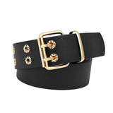 Maxbell Double Grommet Belt Jeans Eyelet Belt Width 1.5inch Leather Punk Waist Belt Black