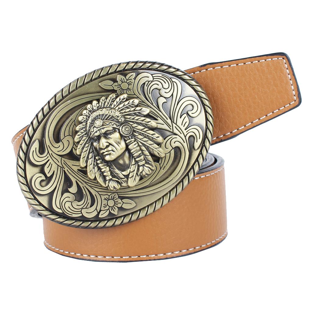 Max Men's Western Cowboy Leather Belt Indian Warrior Chief Head Buckle Brown