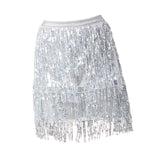 Maxbell Sequin Tassel Skirt Boho Fashion Sequins Fringe Skirt for Party Rave Women M Argent