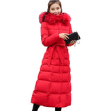 Maxbell Faux Fur Hooded Long Down Puffer Womens Coat Zipper Quilted Jacket Red M