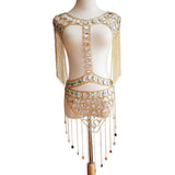 Maxbell summer sexy beach nightclub gem chain tassel vest waist chain body suit Golden
