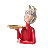 Maxbell Multi Purpose Girls Statue with Tray Figurine for Tabletop Cabinet Entryway Argent Bow